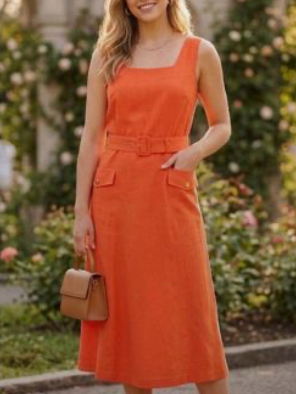 Tahari Coral Tie-Waist Sleeveless Midi Dress